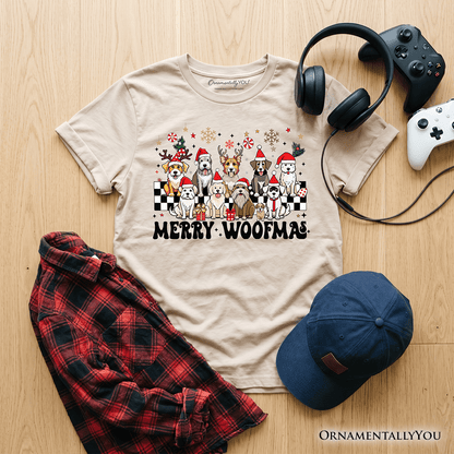 Kids Merry Woofmas Dog T-Shirt, Dogs With Santa Hats Christmas Youth Tee