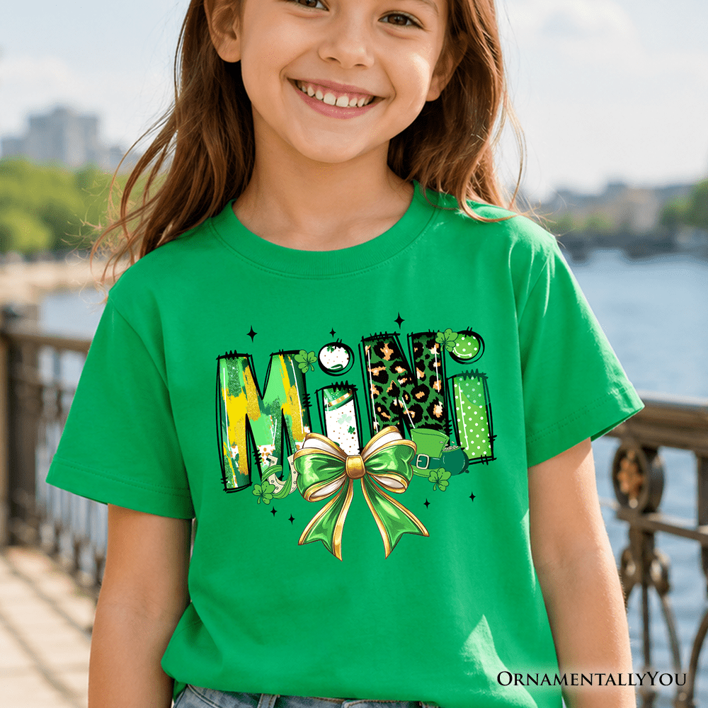 Kids Mini Clover Bow St Patrick's Day T-Shirt, Coquette Lucky Shamrock Clover Tee for Youth