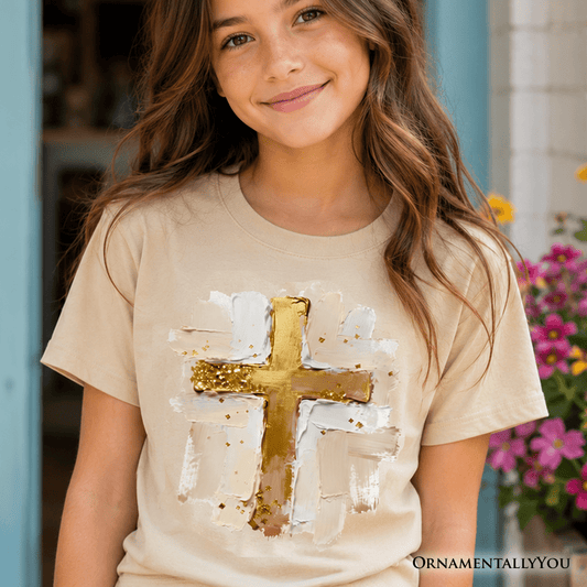 Kids Oil Brushstroke Cross T-Shirt, Christian Faith Jesus Easter Tee for Youth