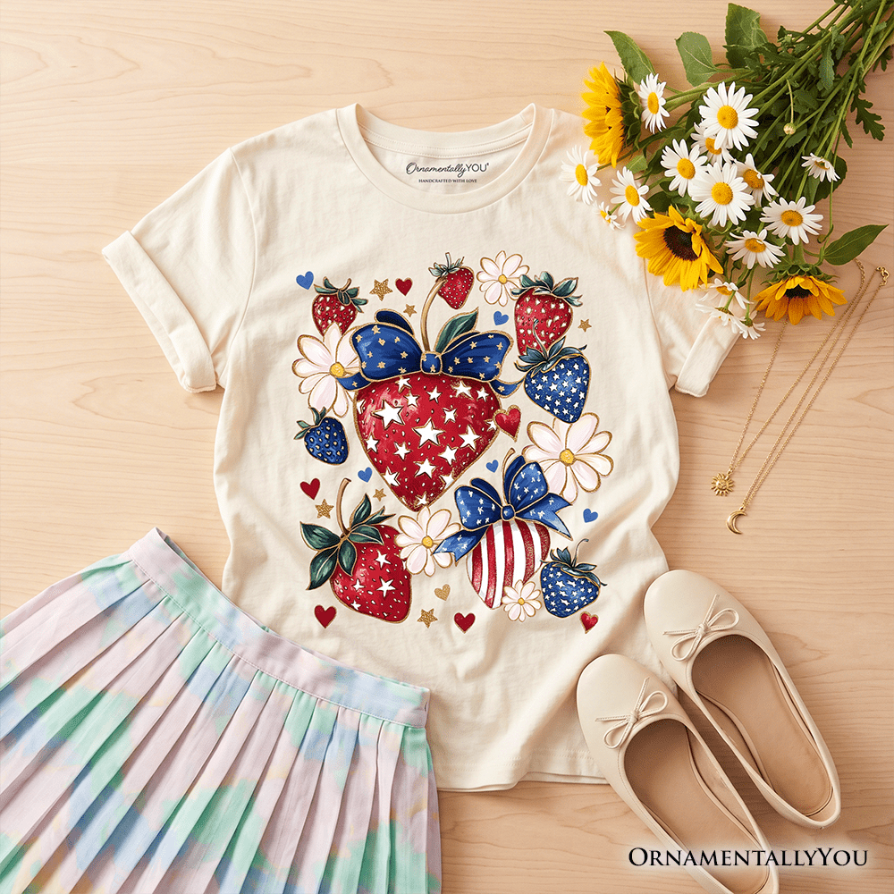 Kids Patriotic Boho Strawberries Bouquet T-Shirt, Youth 4th of July Festive Patch Tee