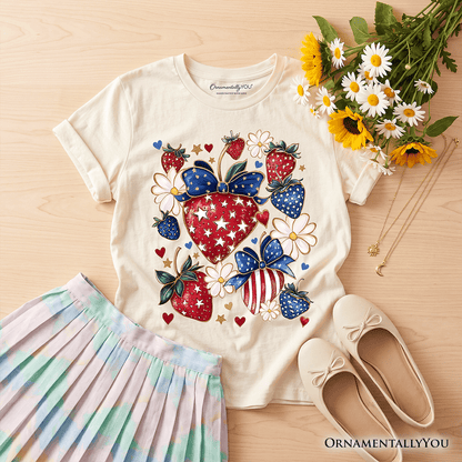 Kids Patriotic Boho Strawberries Bouquet T-Shirt, Youth 4th of July Festive Patch Tee