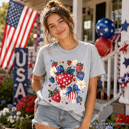 Kids Patriotic Boho Strawberries Bouquet T-Shirt, Youth 4th of July Festive Patch Tee