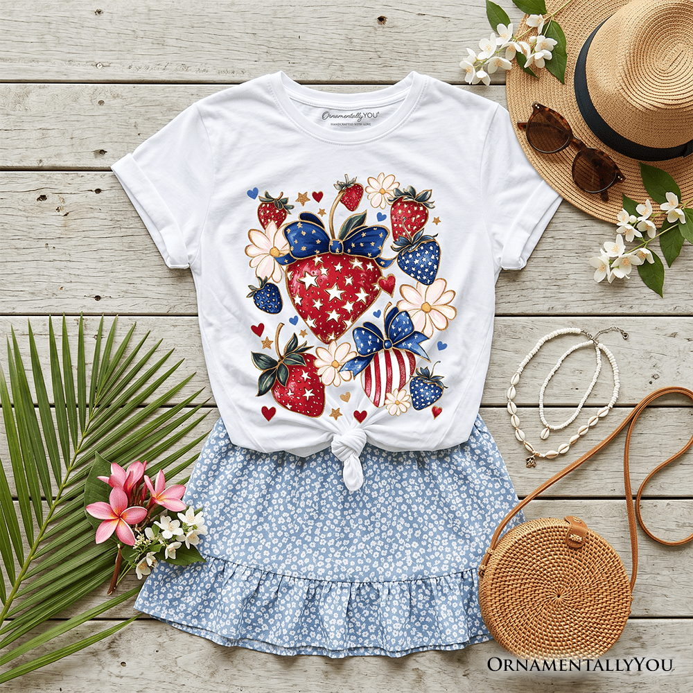 Kids Patriotic Boho Strawberries Bouquet T-Shirt, Youth 4th of July Festive Patch Tee