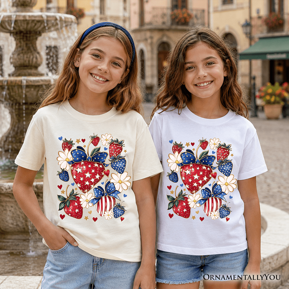 Kids Patriotic Boho Strawberries Bouquet T-Shirt, Youth 4th of July Festive Patch Tee