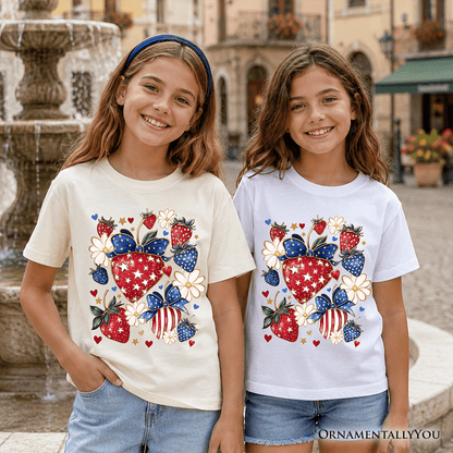 Kids Patriotic Boho Strawberries Bouquet T-Shirt, Youth 4th of July Festive Patch Tee