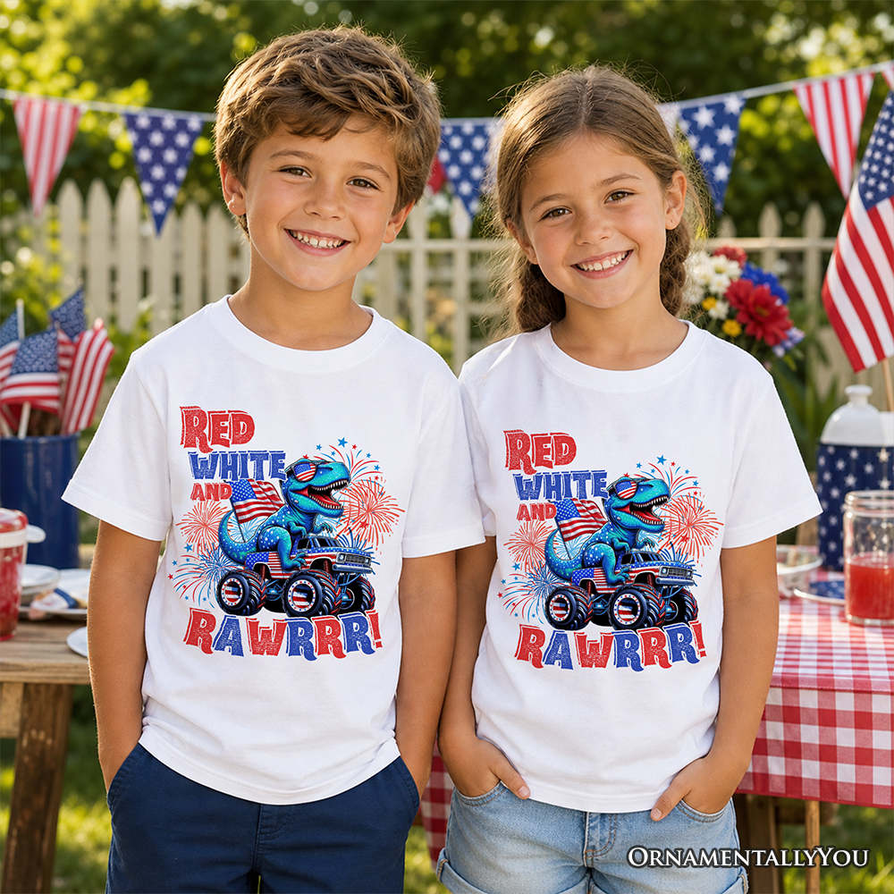 Kids Patriotic Dinosaur Monster Truck T-Shirt, Red White and Rawrr 4th of July Youth Tee