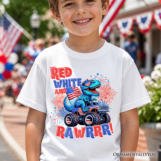 Kids Patriotic Dinosaur Monster Truck T-Shirt, Red White and Rawrr 4th of July Youth Tee