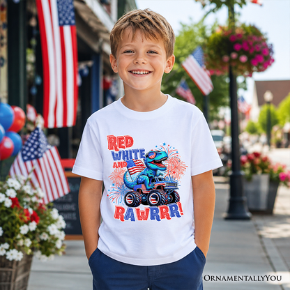 Kids Patriotic Dinosaur Monster Truck T-Shirt, Red White and Rawrr 4th of July Youth Tee