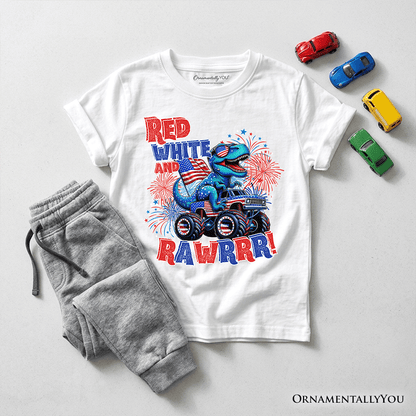 Kids Patriotic Dinosaur Monster Truck T-Shirt, Red White and Rawrr 4th of July Youth Tee