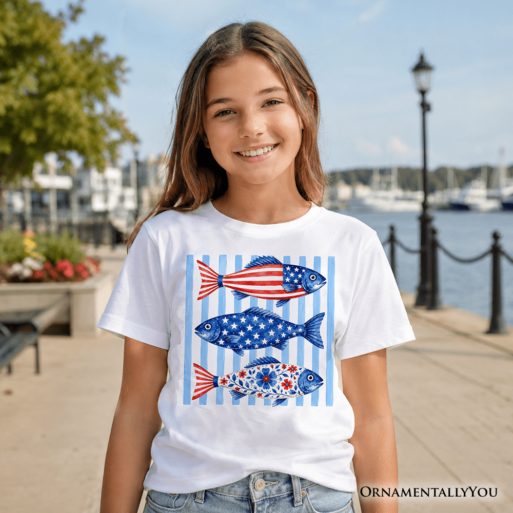 Kids Patriotic Fish Striped T-Shirt, 4th of July Beach Youth Tee