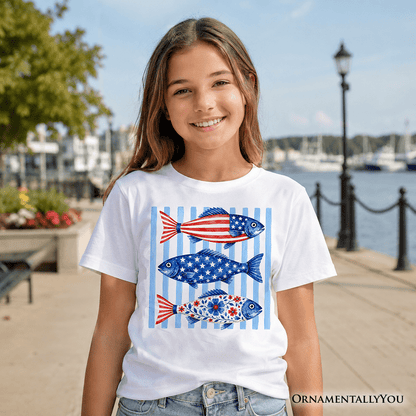 Kids Patriotic Fish Striped T-Shirt, 4th of July Beach Youth Tee