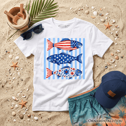 Kids Patriotic Fish Striped T-Shirt, 4th of July Beach Youth Tee