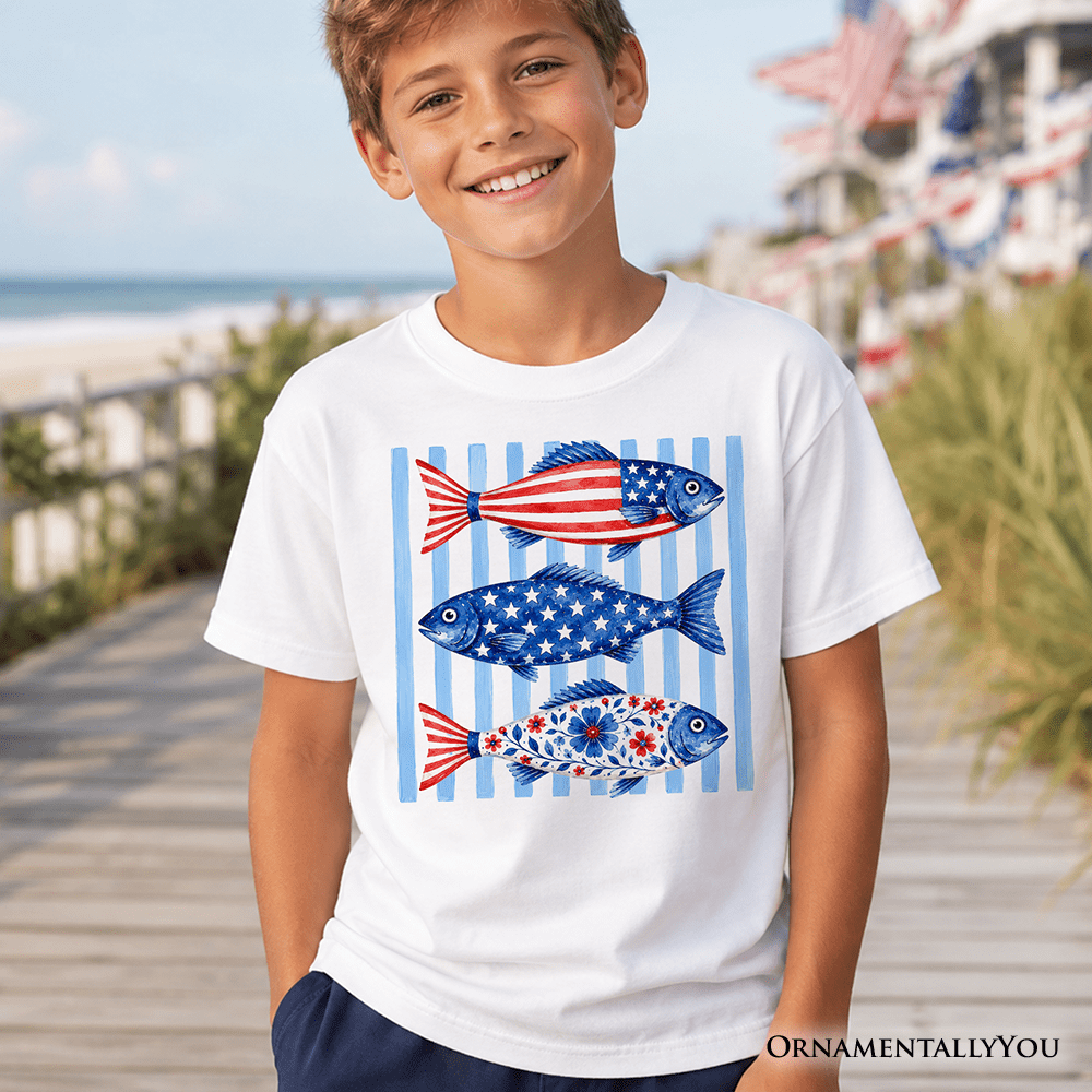 Kids Patriotic Fish Striped T-Shirt, 4th of July Beach Youth Tee
