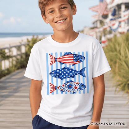 Kids Patriotic Fish Striped T-Shirt, 4th of July Beach Youth Tee
