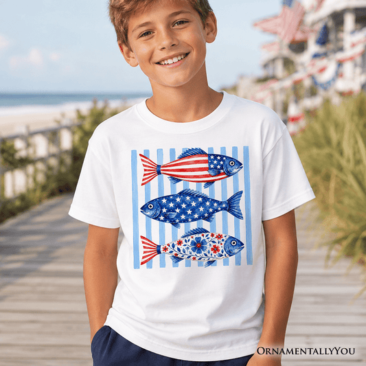 Kids Patriotic Fish Striped T-Shirt, 4th of July Beach Youth Tee