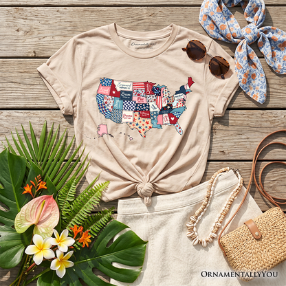 Kids Patriotic Patchwork USA T-Shirt, Quilted Map Youth Tee for American Fans