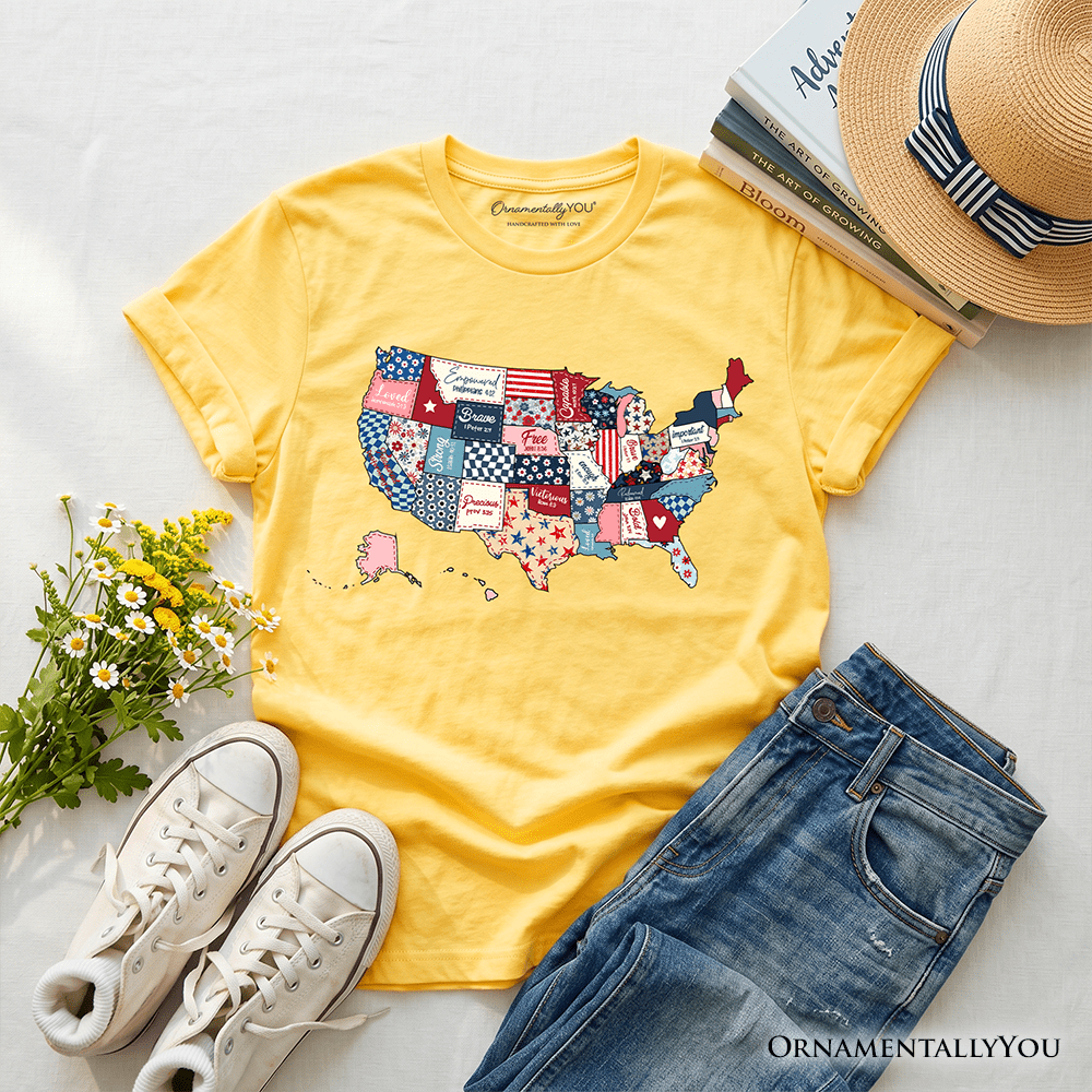 Kids Patriotic Patchwork USA T-Shirt, Quilted Map Youth Tee for American Fans