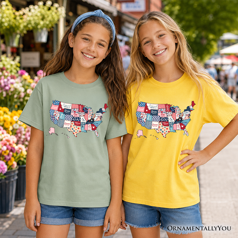 Kids Patriotic Patchwork USA T-Shirt, Quilted Map Youth Tee for American Fans