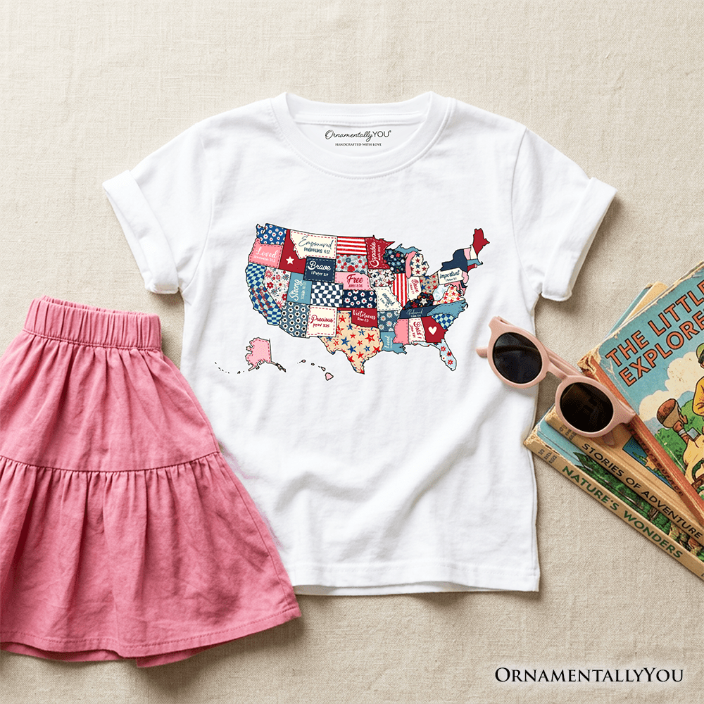 Kids Patriotic Patchwork USA T-Shirt, Quilted Map Youth Tee for American Fans