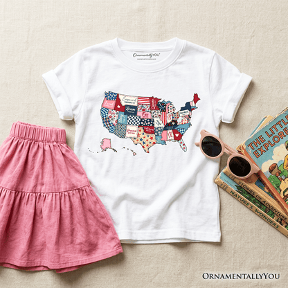 Kids Patriotic Patchwork USA T-Shirt, Quilted Map Youth Tee for American Fans