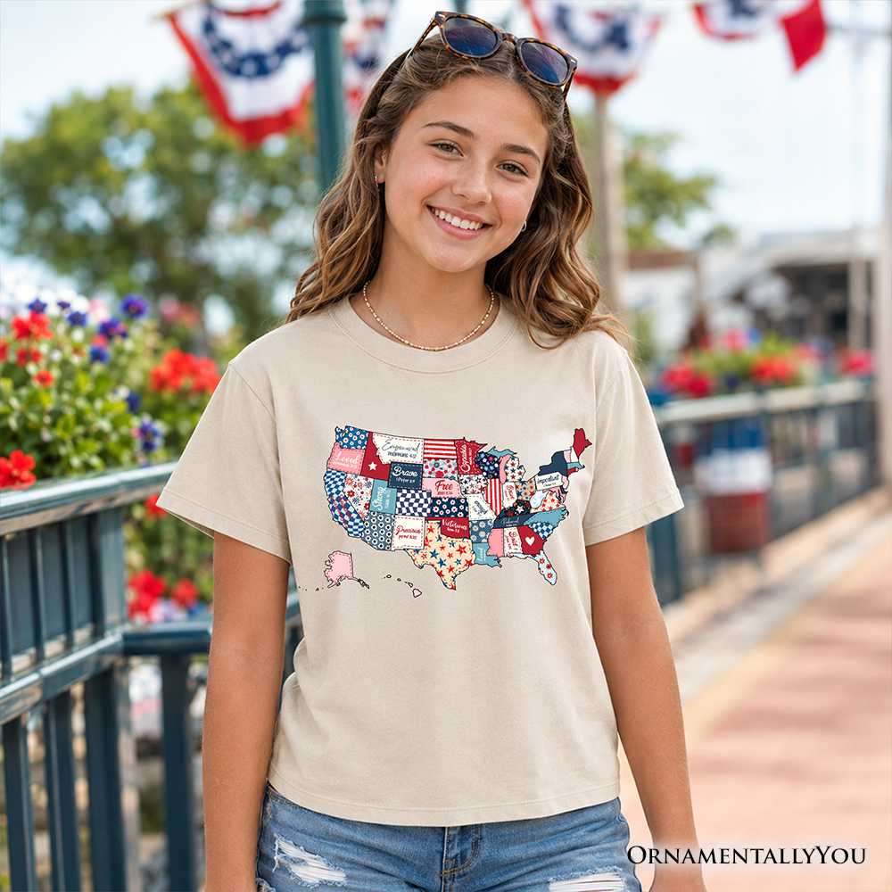 Kids Patriotic Patchwork USA T-Shirt, Quilted Map Youth Tee for American Fans