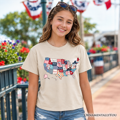 Kids Patriotic Patchwork USA T-Shirt, Quilted Map Youth Tee for American Fans