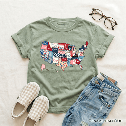 Kids Patriotic Patchwork USA T-Shirt, Quilted Map Youth Tee for American Fans