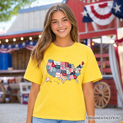 Kids Patriotic Patchwork USA T-Shirt, Quilted Map Youth Tee for American Fans