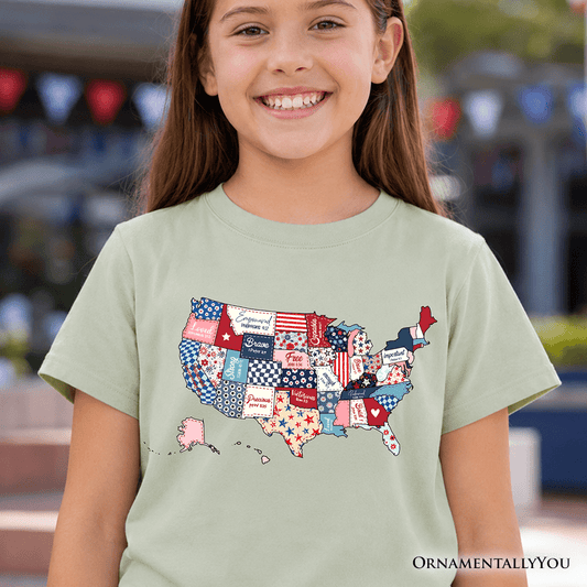 Kids Patriotic Patchwork USA T-Shirt, Quilted Map Youth Tee for American Fans