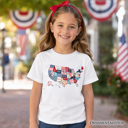 Kids Patriotic Patchwork USA T-Shirt, Quilted Map Youth Tee for American Fans