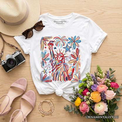 Kids Patriotic Statue of Liberty and Fireworks T-Shirt, Festive 4th of July Youth Tee
