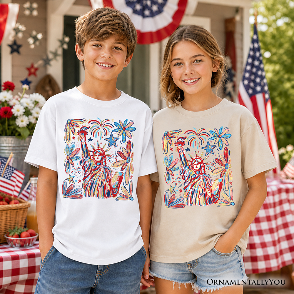 Kids Patriotic Statue of Liberty and Fireworks T-Shirt, Festive 4th of July Youth Tee