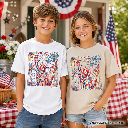 Kids Patriotic Statue of Liberty and Fireworks T-Shirt, Festive 4th of July Youth Tee