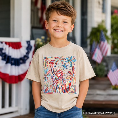 Kids Patriotic Statue of Liberty and Fireworks T-Shirt, Festive 4th of July Youth Tee