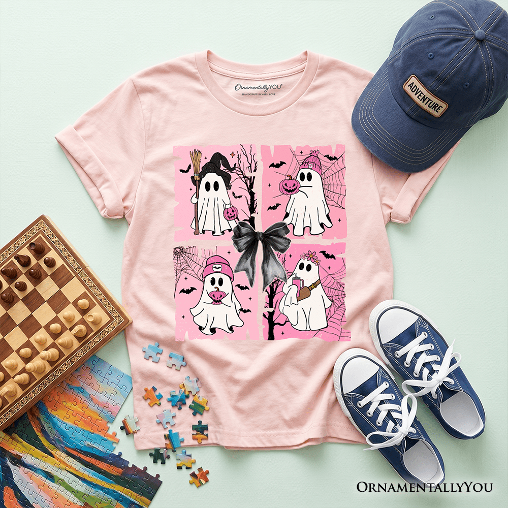 Kids Pink Halloween Ghost T-Shirt, Coquette Spooky Season Tee for Youth