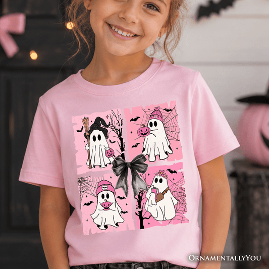 Kids Pink Halloween Ghost T-Shirt, Coquette Spooky Season Tee for Youth