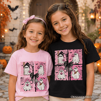 Kids Pink Halloween Ghost T-Shirt, Coquette Spooky Season Tee for Youth