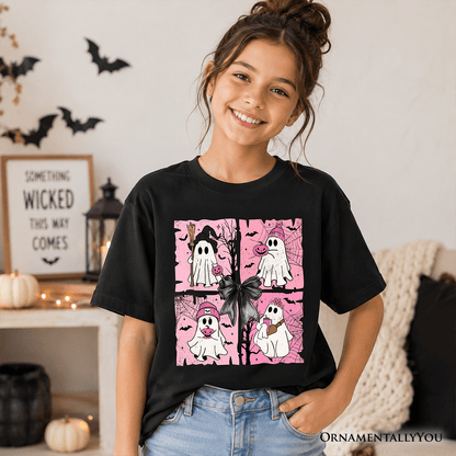 Kids Pink Halloween Ghost T-Shirt, Coquette Spooky Season Tee for Youth