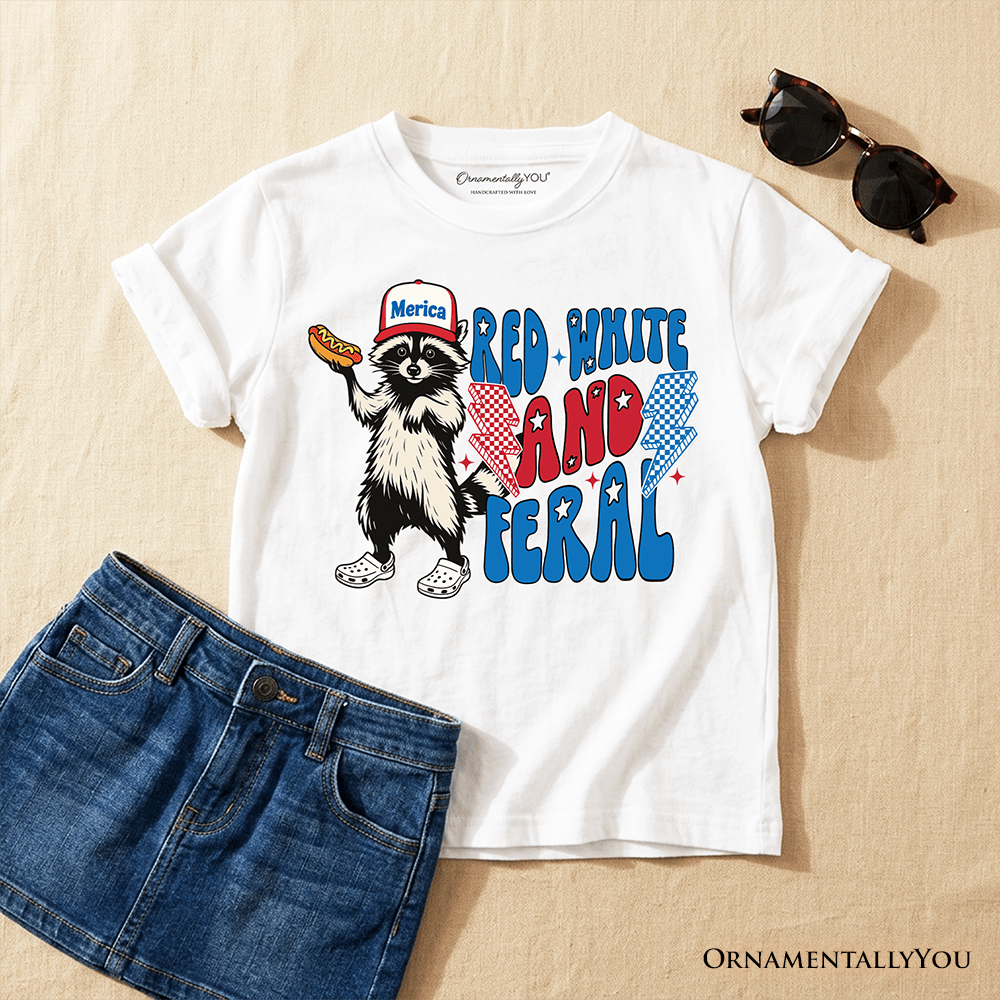Kids Red, White & Feral Raccoon T-Shirt, Wild Youth Patriot American Tee