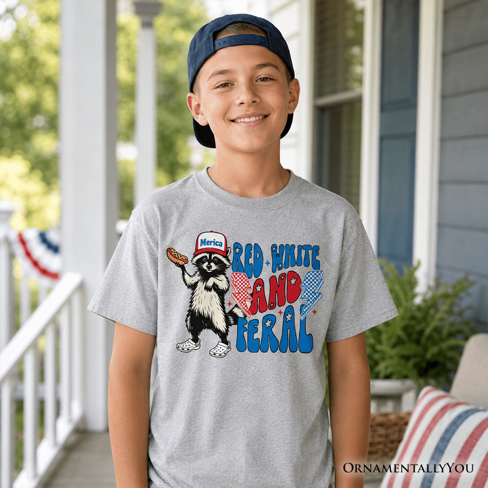 Kids Red, White & Feral Raccoon T-Shirt, Wild Youth Patriot American Tee