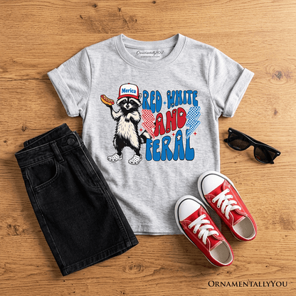 Kids Red, White & Feral Raccoon T-Shirt, Wild Youth Patriot American Tee