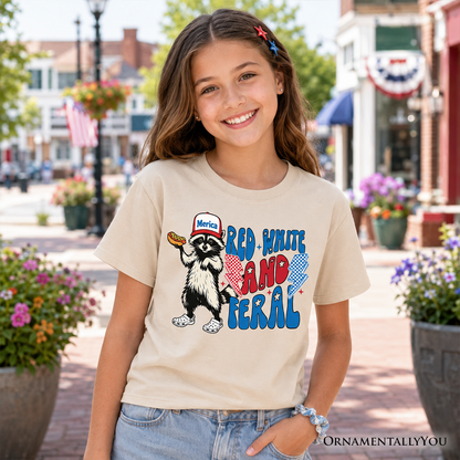Kids Red, White & Feral Raccoon T-Shirt, Wild Youth Patriot American Tee