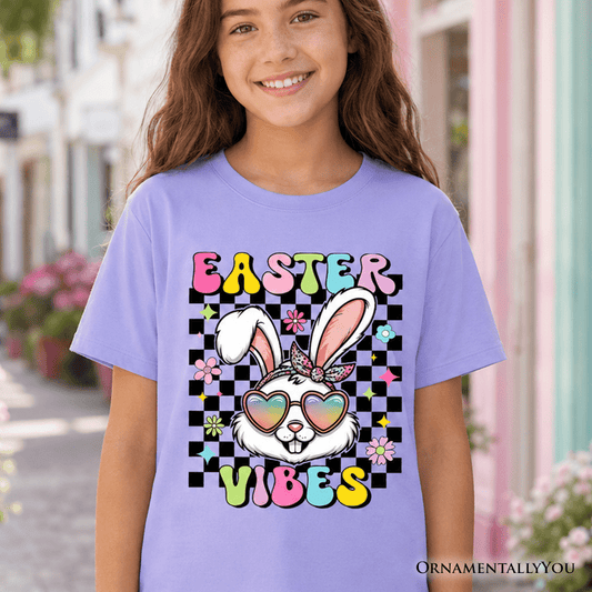Kids Retro Easter Bunny Sunglasses T-Shirt, Groovy Youth Checkered Tee