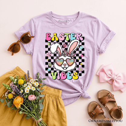 Kids Retro Easter Bunny Sunglasses T-Shirt, Groovy Youth Checkered Tee