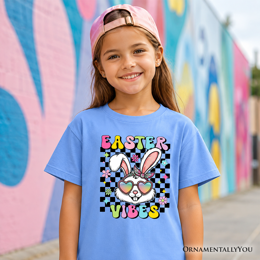 Kids Retro Easter Bunny Sunglasses T-Shirt, Groovy Youth Checkered Tee