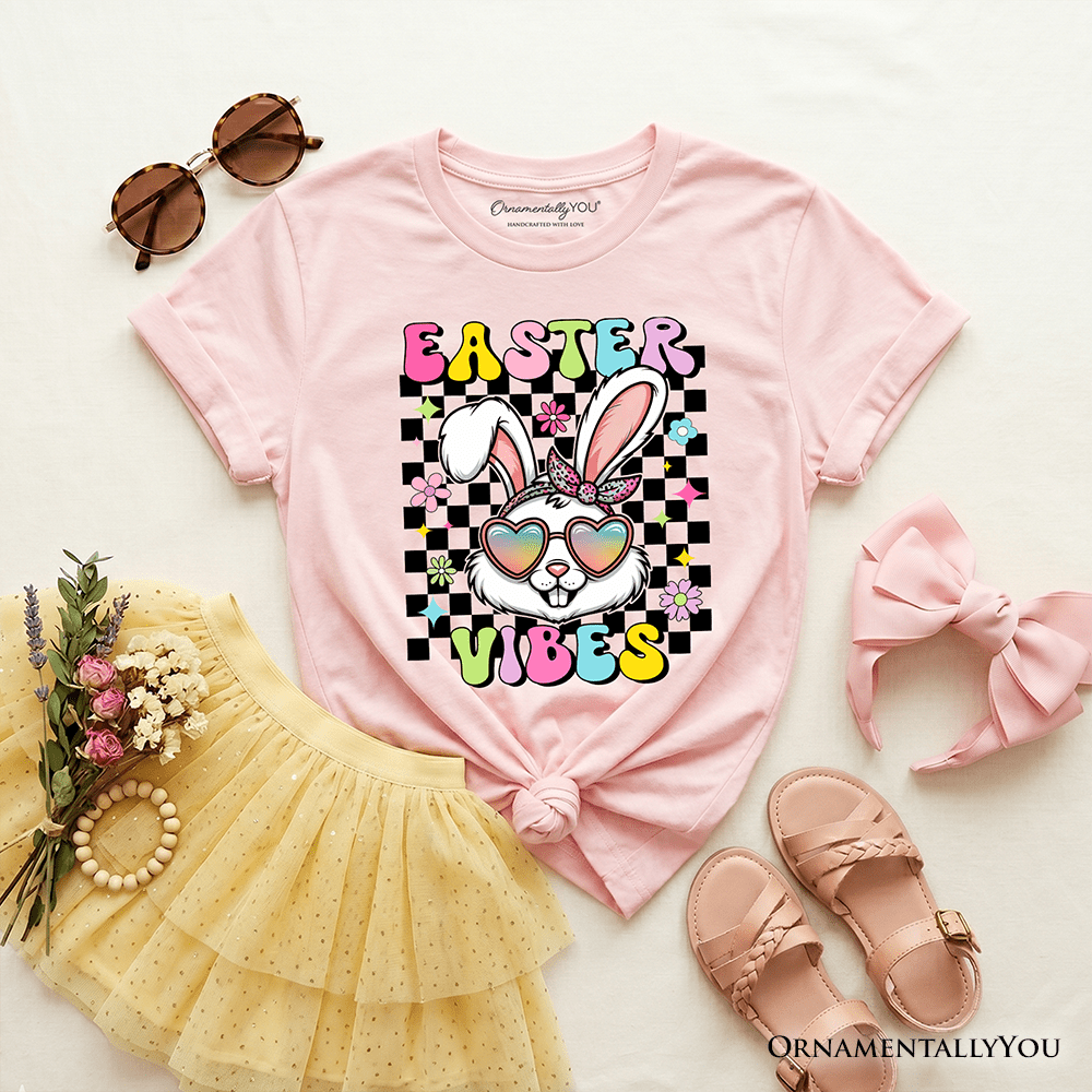 Kids Retro Easter Bunny Sunglasses T-Shirt, Groovy Youth Checkered Tee