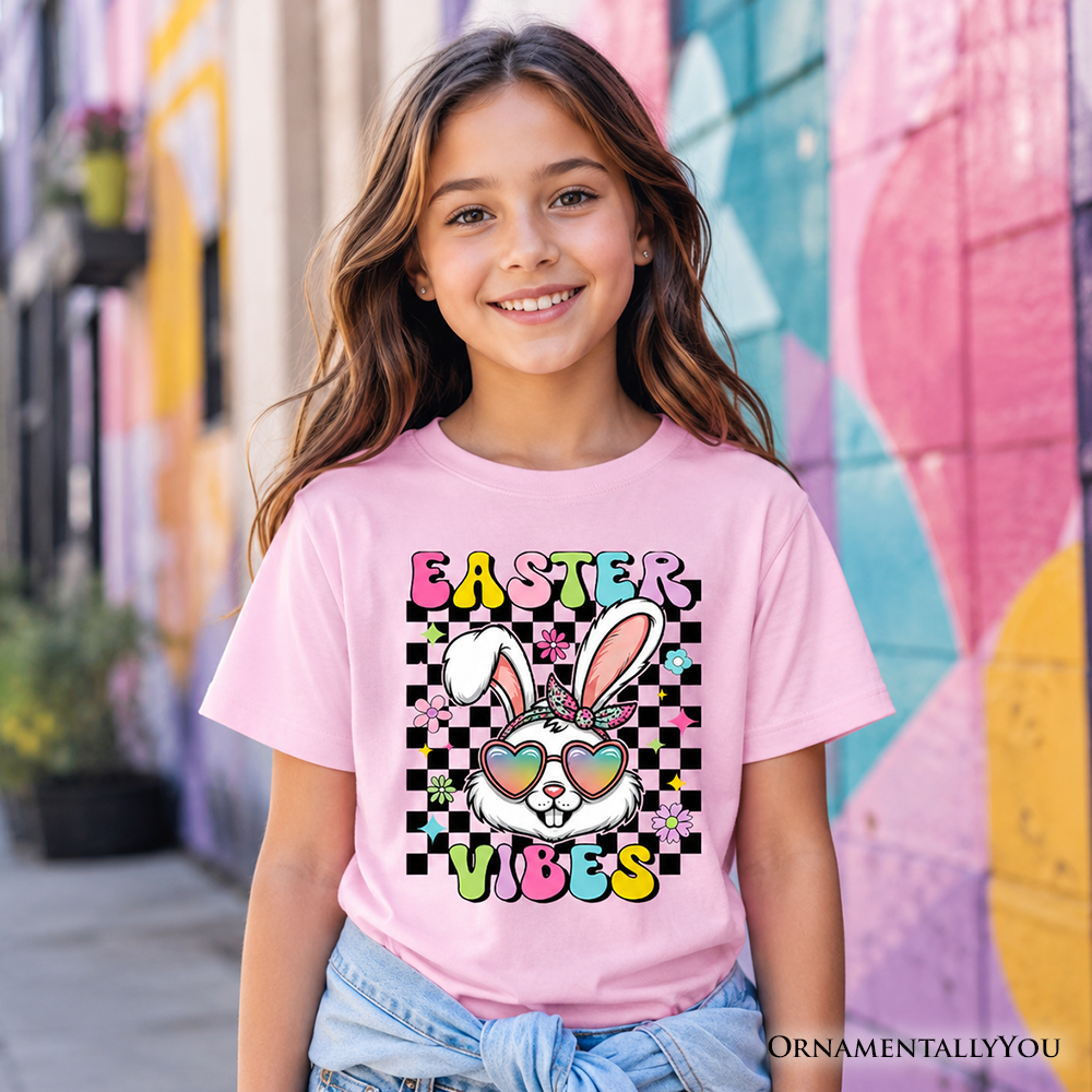 Kids Retro Easter Bunny Sunglasses T-Shirt, Groovy Youth Checkered Tee