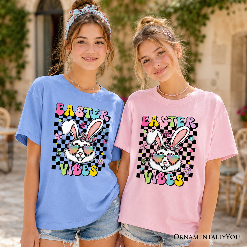 Kids Retro Easter Bunny Sunglasses T-Shirt, Groovy Youth Checkered Tee