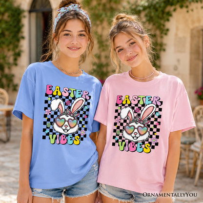 Kids Retro Easter Bunny Sunglasses T-Shirt, Groovy Youth Checkered Tee