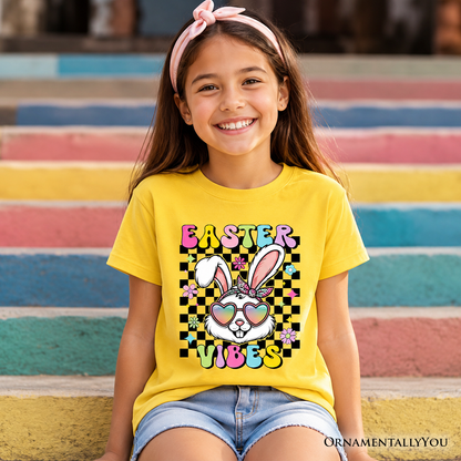 Kids Retro Easter Bunny Sunglasses T-Shirt, Groovy Youth Checkered Tee